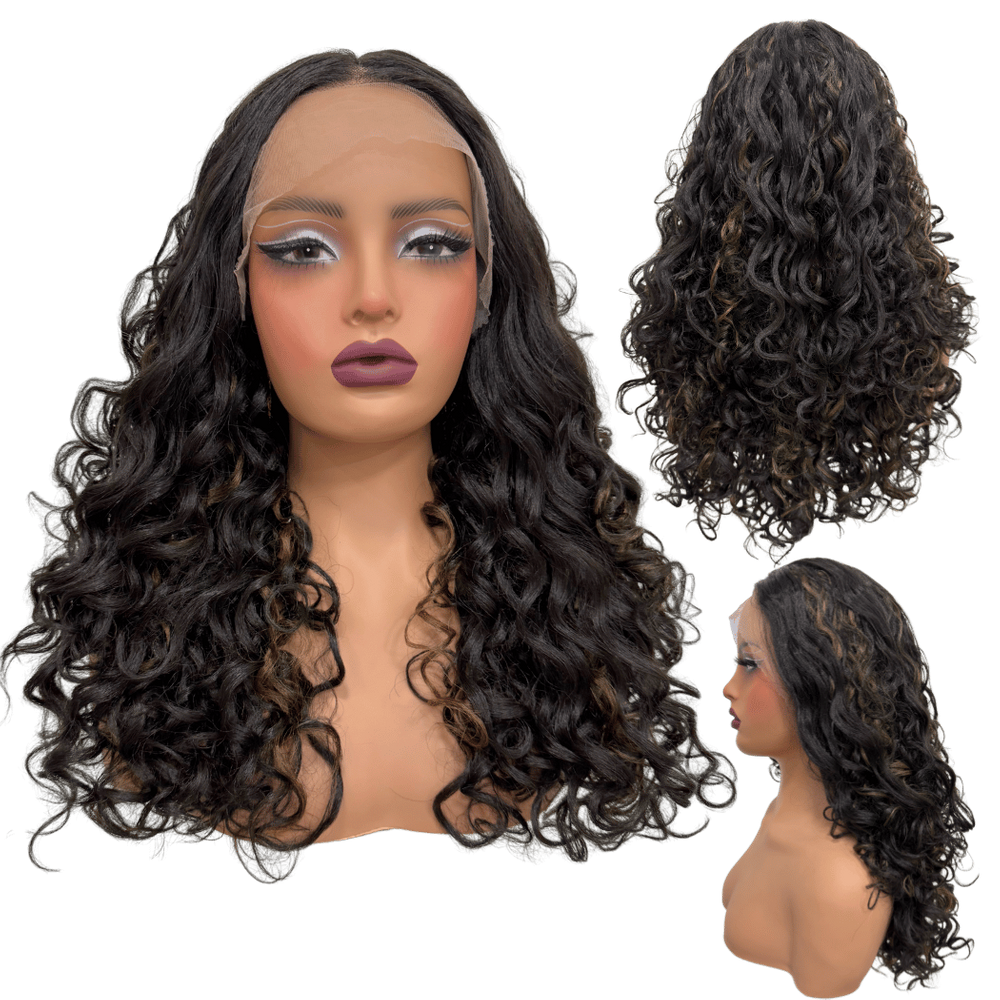 Peruca cacheada front lace 55cm ondulada HL2/27 preto mechas