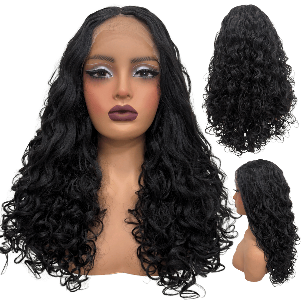 Peruca cacheada front lace 55cm ondulada preta cor 1B meio
