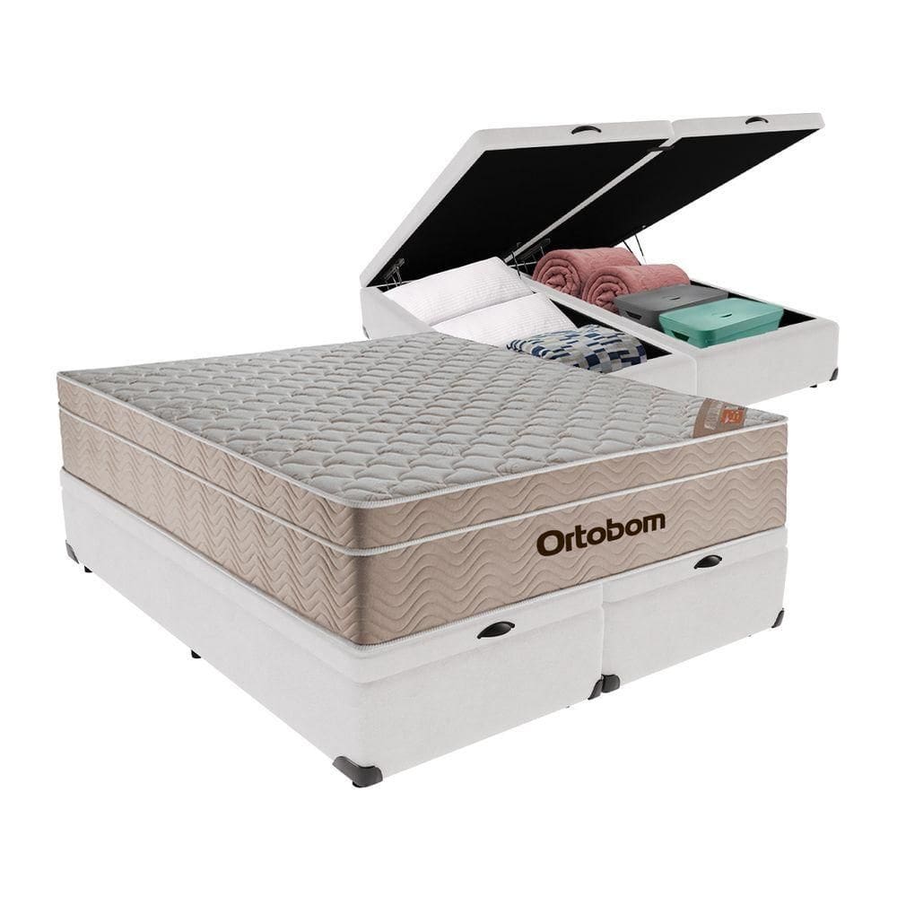 Cama Box Baú Branco E Colchão Airtech Queen Ortobom