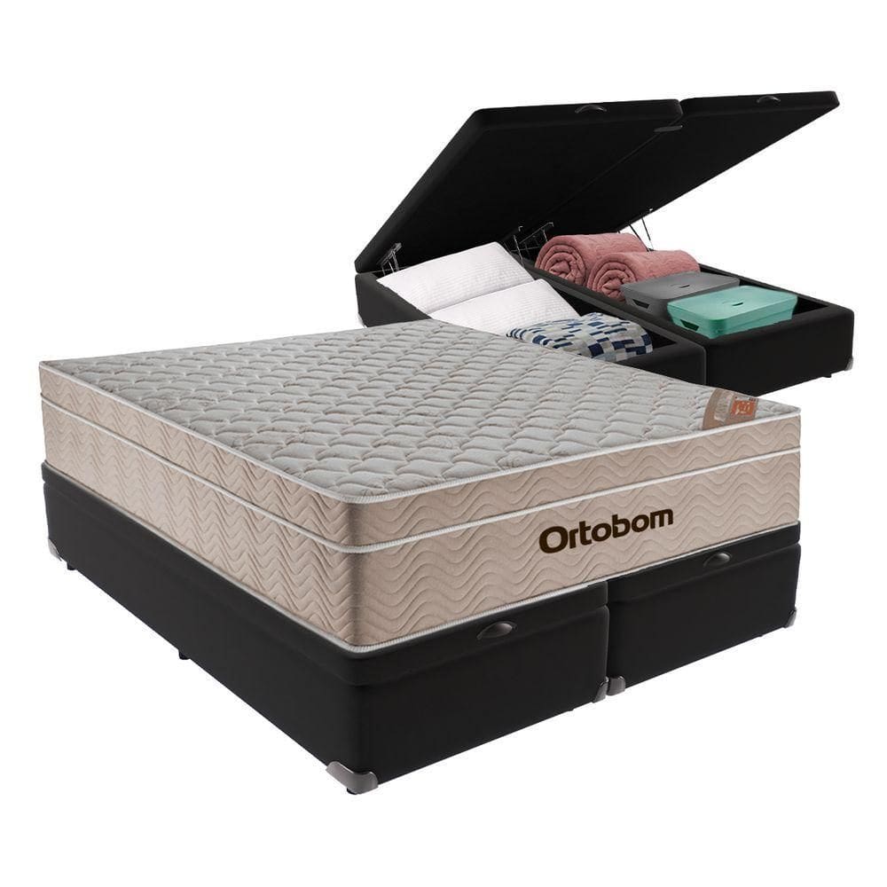 Cama + Box Airtech Colchão Ortobom Queen Com Baú Bege Preto
