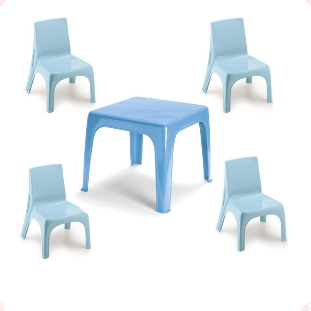 Mesinha Pequena Infantil Azul + 4 Cadeira Poltrona Educativa