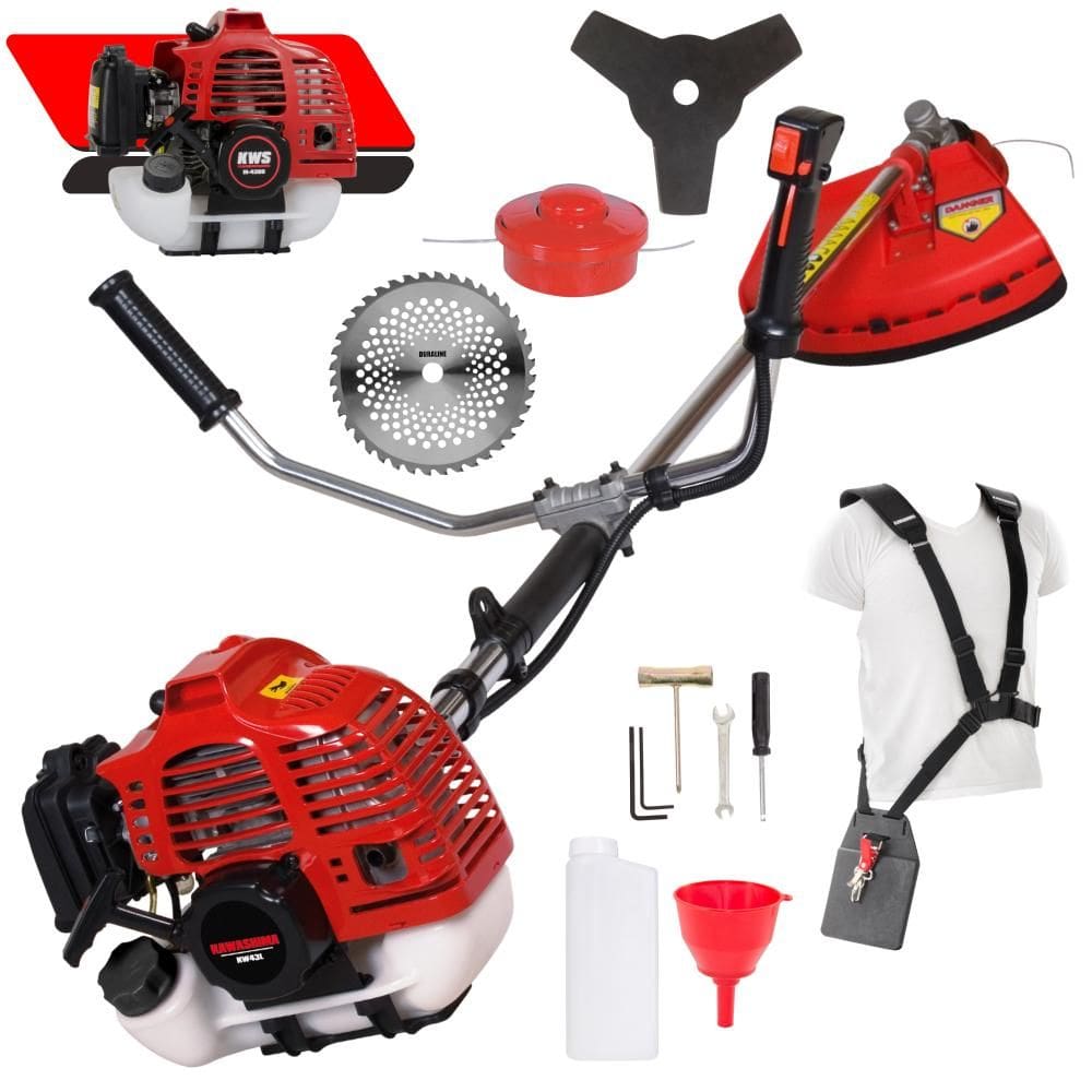 Roçadeira À Gasolina Kawashima KW43L 43cc 1,7HP de Potência 2 Tempos Alta Rotação Completa Com Carretel Nylon + Faca 3 Pontas + Faca 40 Dentes Vídea