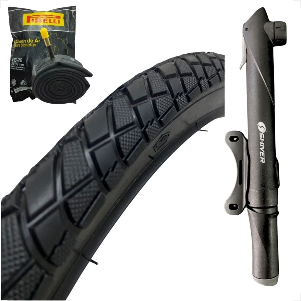 Pneu Bicicleta Shiver praieiro Aro 26 X 2.125 Monark tropical Camara Pirelli Bico grosso Mini Bomba