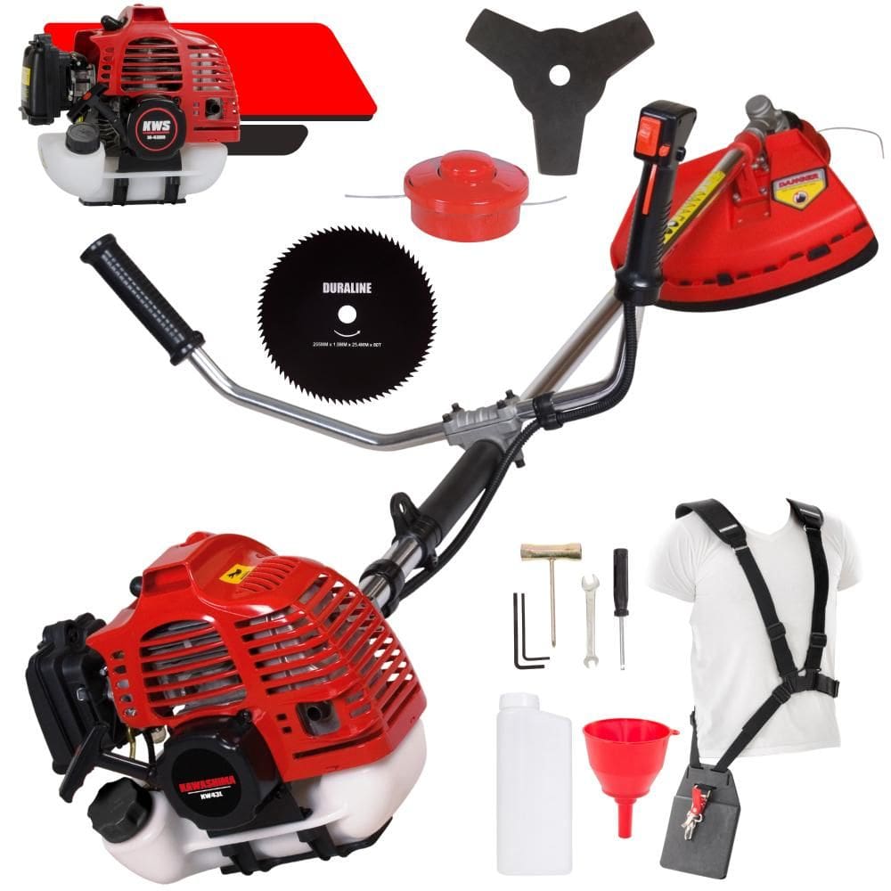 Roçadeira À Gasolina Kawashima KW43L 43cc 1,7HP de Potência 2 Tempos Alta Rotação Completa Com Carretel Nylon + Faca 3 Pontas + Faca 80 Dentes 255mm