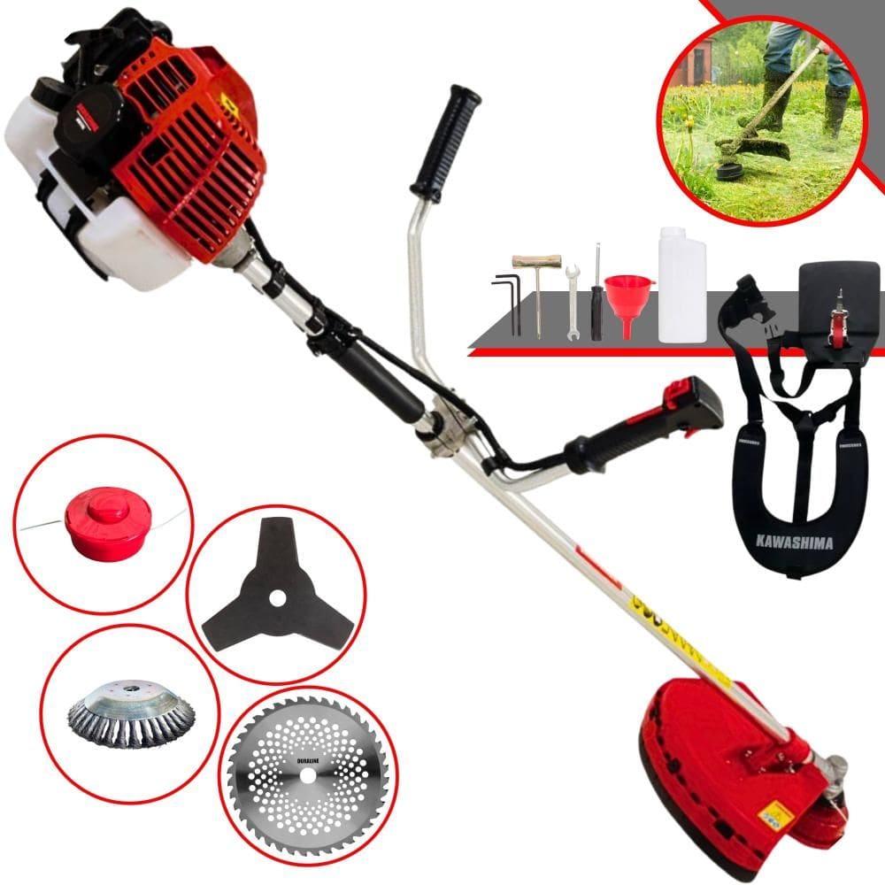 Máquina de Cortar Grama Kawashima KW43-L À Gasolina 2T 43cc 1,7HP 10.000rpm Roçadeira Com Carretel + Faca 3 Pontas + Faca 40 Dentes + Escova de Aço