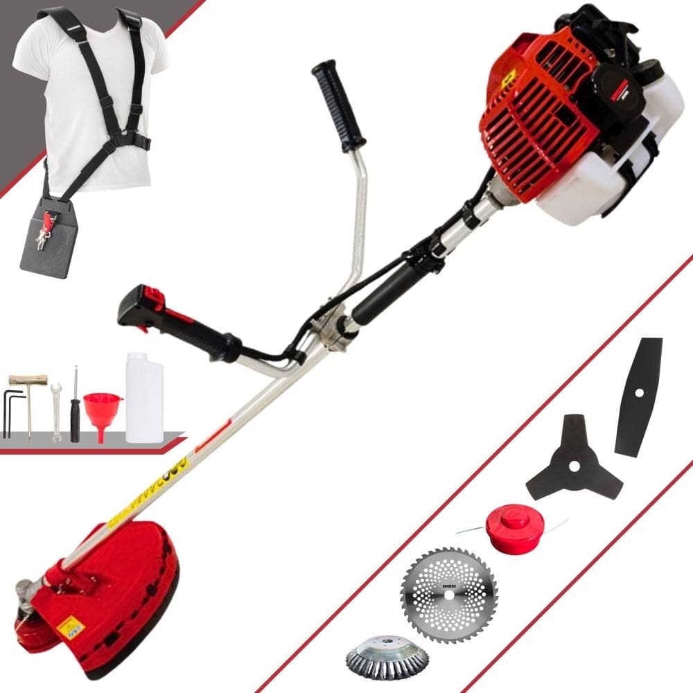 Roçadeira Robusta Kawashima KW43-L À Gasolina 43cc 10.000rpm 1,7HP Com Kit 3 Lâminas de Corte, Carretel de Nylon e Escova de Aço Circular 38 Cerdas