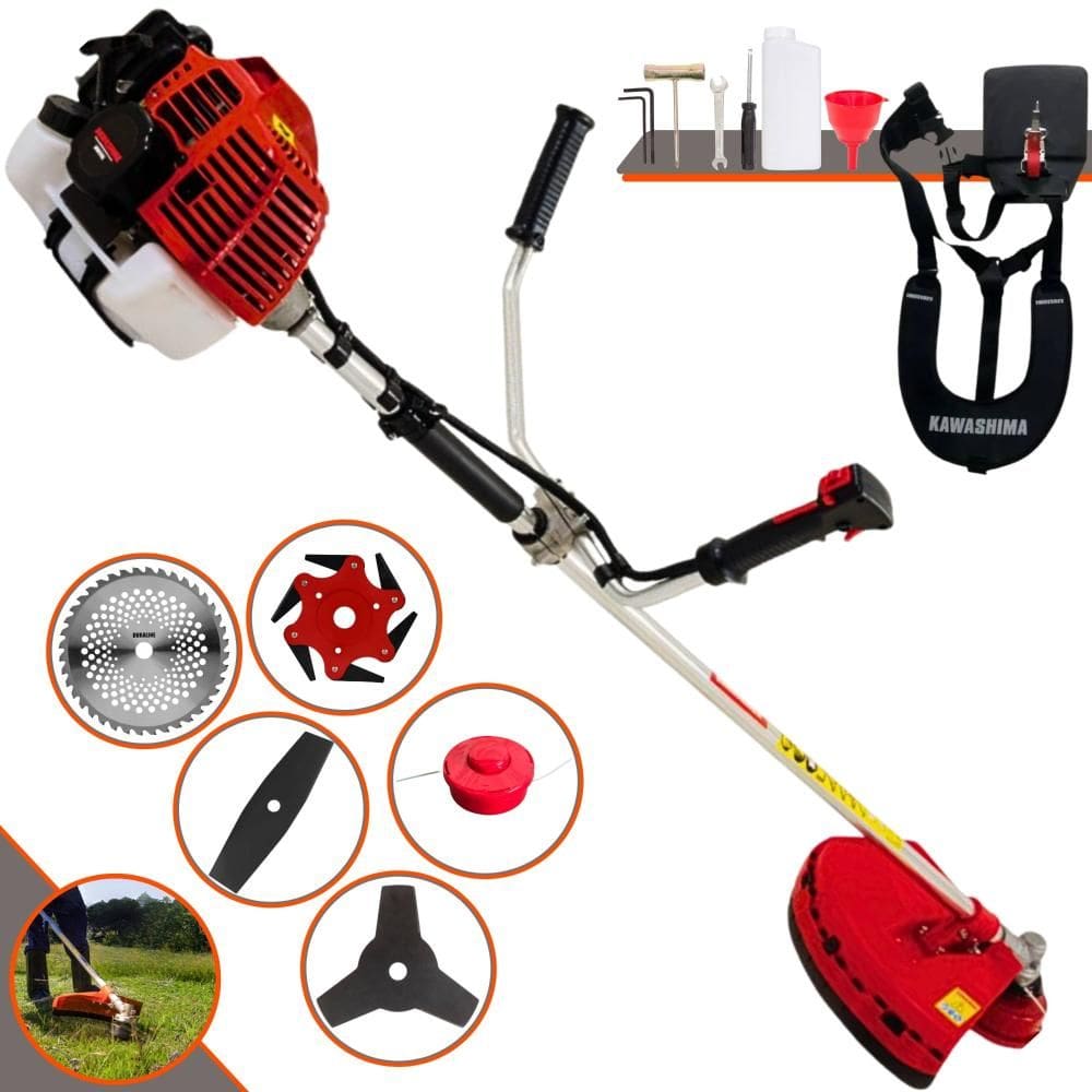 Roçadeira Kawashima KW43-L À Gasolina 2T 43cc 1,7HP 10.000rpm Profissional e de Alta Performance Com Carretel de Nylon e Kit 4 Lâminas de Cortes