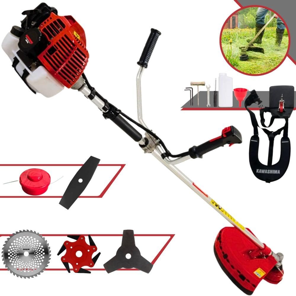 Roçadeira Kawashima KW43L À Gasolina 2T 1,7HP 43cc Com Lâmina Facão + Lâmina 3 Pontas + Lâmina 6 Pontas + Lâmina 40 Dentes de Vídea + Carretel Nylon