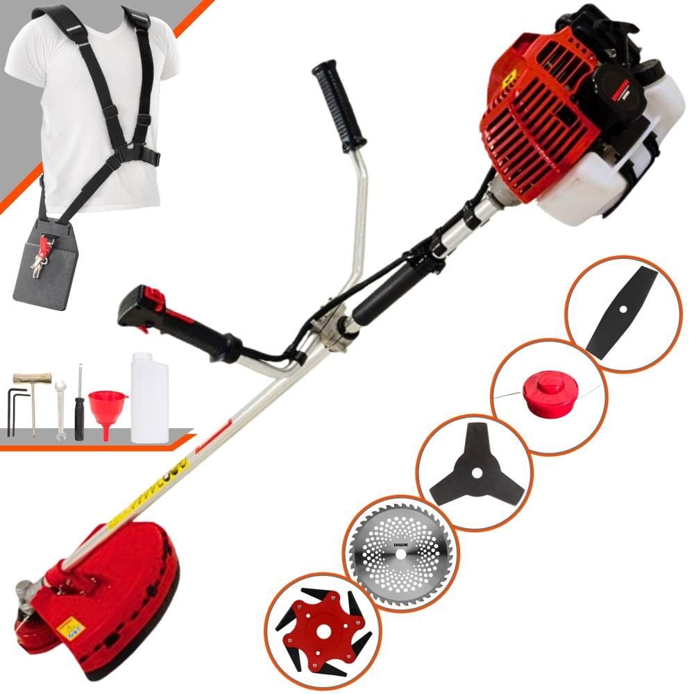 Roçadeira Completa Kawashima KW43L À Gasolina 43cc Cortador de Grama Para Todos os Tipos de Trabalho Com Carretel Nylon + Kit de 4 Lâminas de Cortes