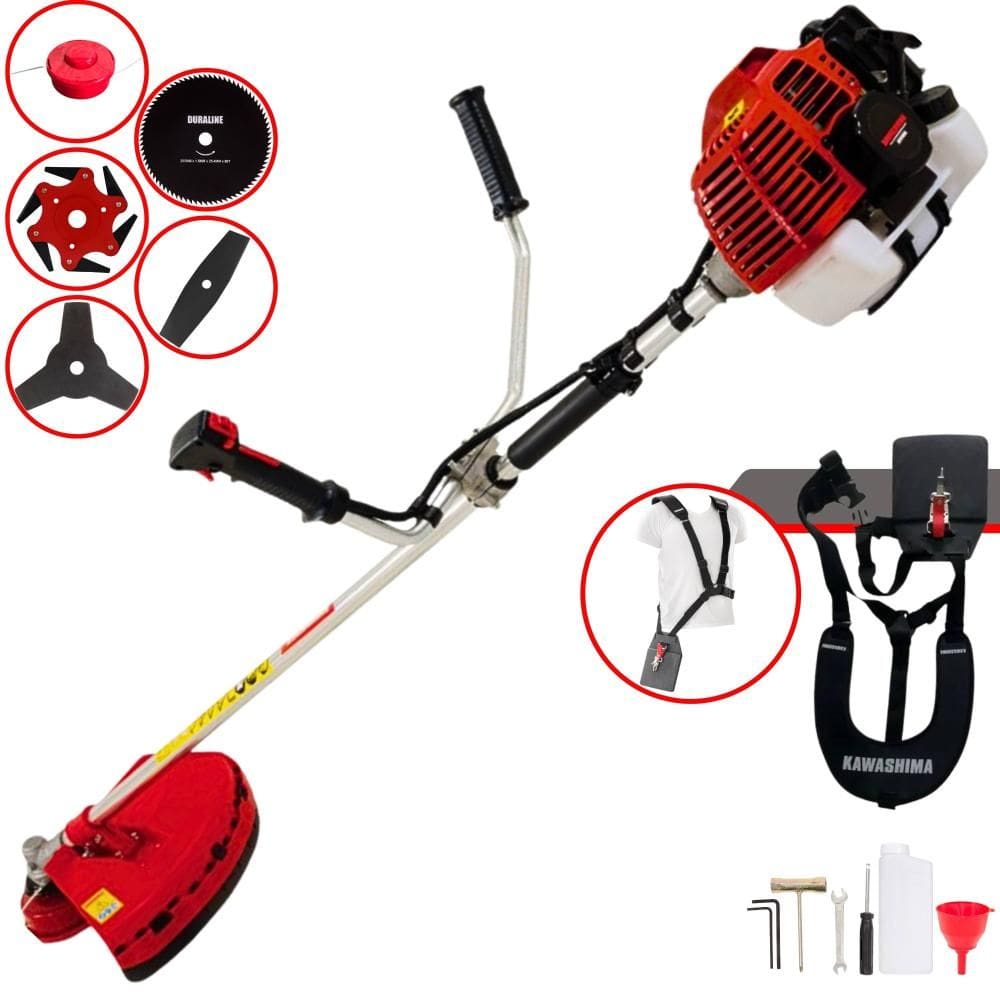 Roçadeira Robusta Kawashima KW43-L À Gasolina 2T 43cc 10.000rpm 1,7HP Completa 5 Opções de Corte Com Facas 2 Pontas, 3 Pontas, 6 Pontas e 80 Dentes