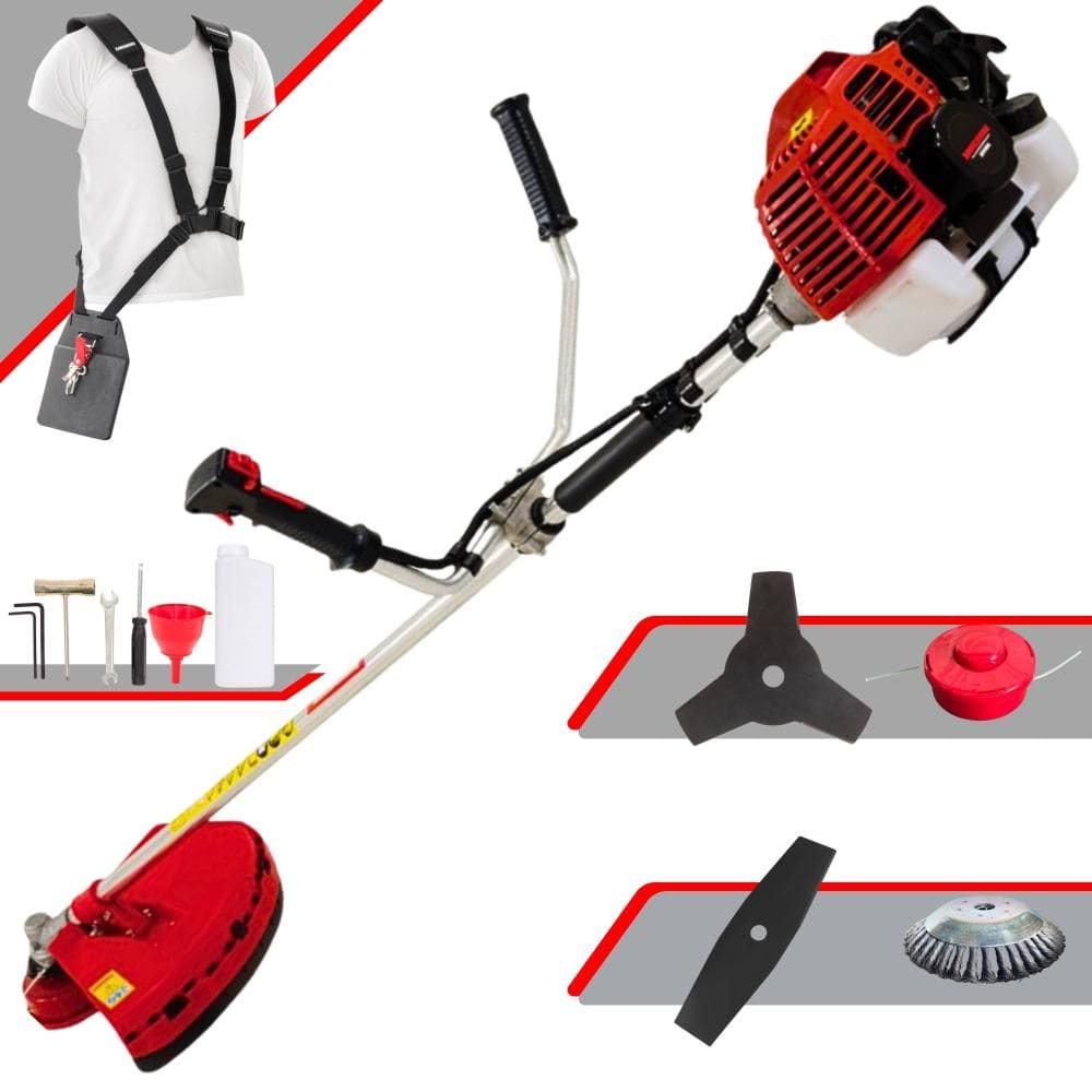 Podador de Grama Completo Kawashima KW43L À Gasolina 2T 43cc 1,7HP 4 Opções de Corte Com Faca 2 Pontas, Faca 3 Pontas, Escova de Aço e Carretel