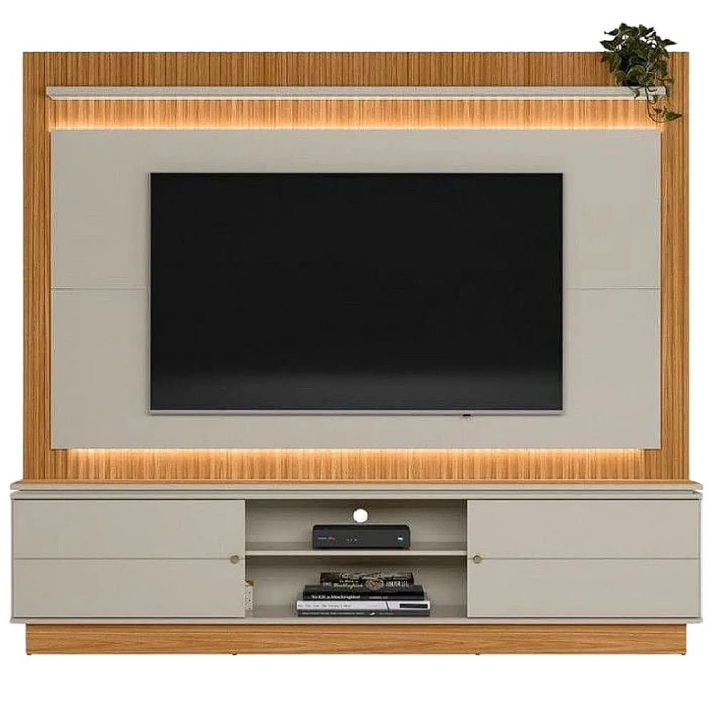 Estante Guararapes para TV até 75 Polegadas Ripado com LED 2 Portas Linea Cor Nature Off White