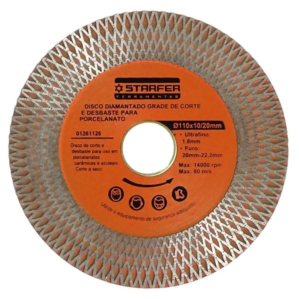 Disco Diamantado Gradeado 2 em 1 Starfer 110mm Corta e Desbasta Porcelanato Cêramica Azulejos a Seco ou Úmido