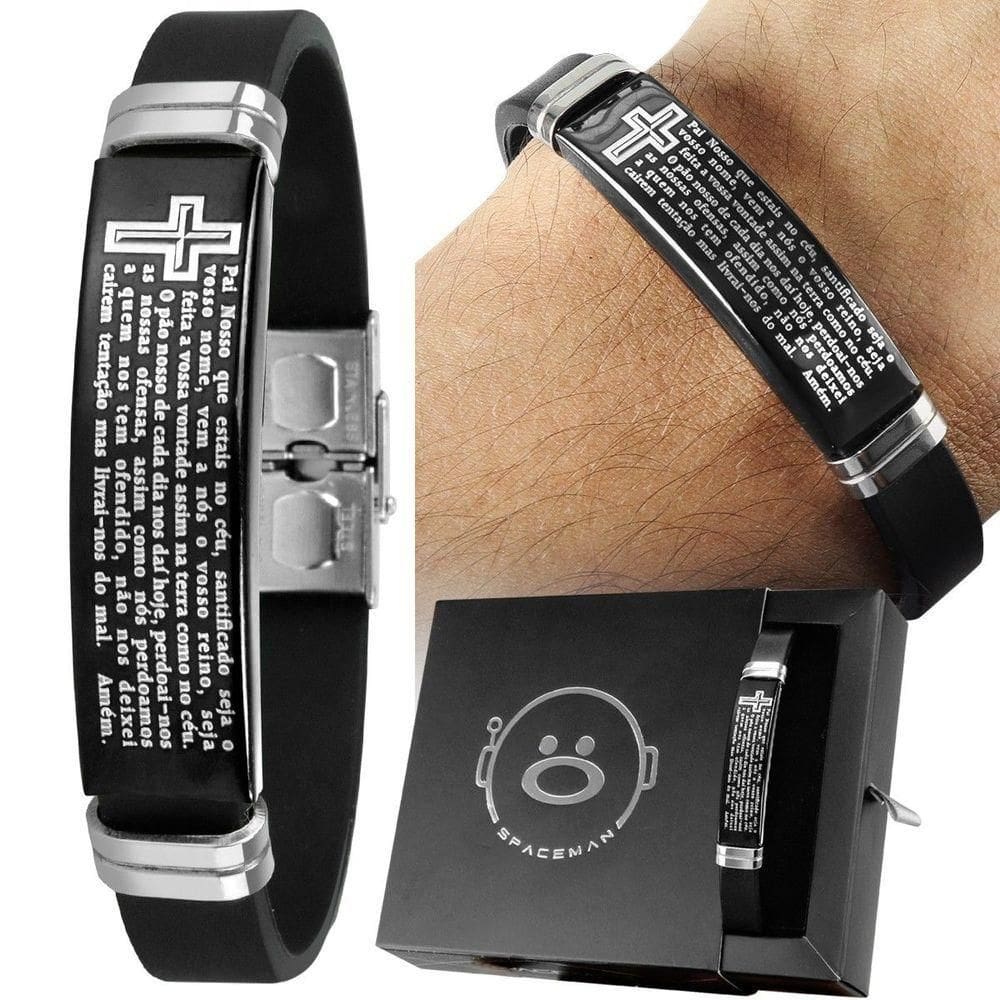 Pulseira Masculina Preta Caixa Aço Inox Placa Pai Nosso Ajustavel Social Presente Religiosa Silicone
