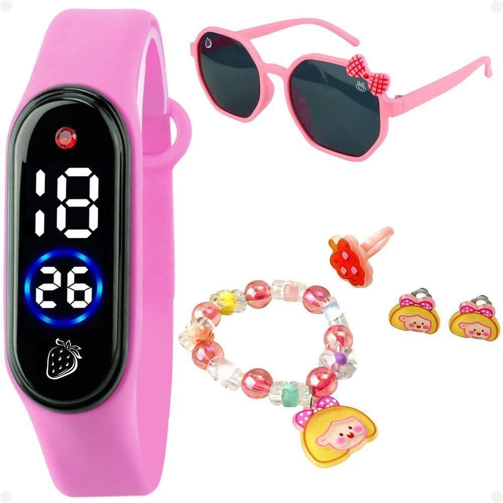 Relogio Led Infantil + Anel + Pulseira Brinco + Oculos Sol Social Led Silicone Ajustavel Presente