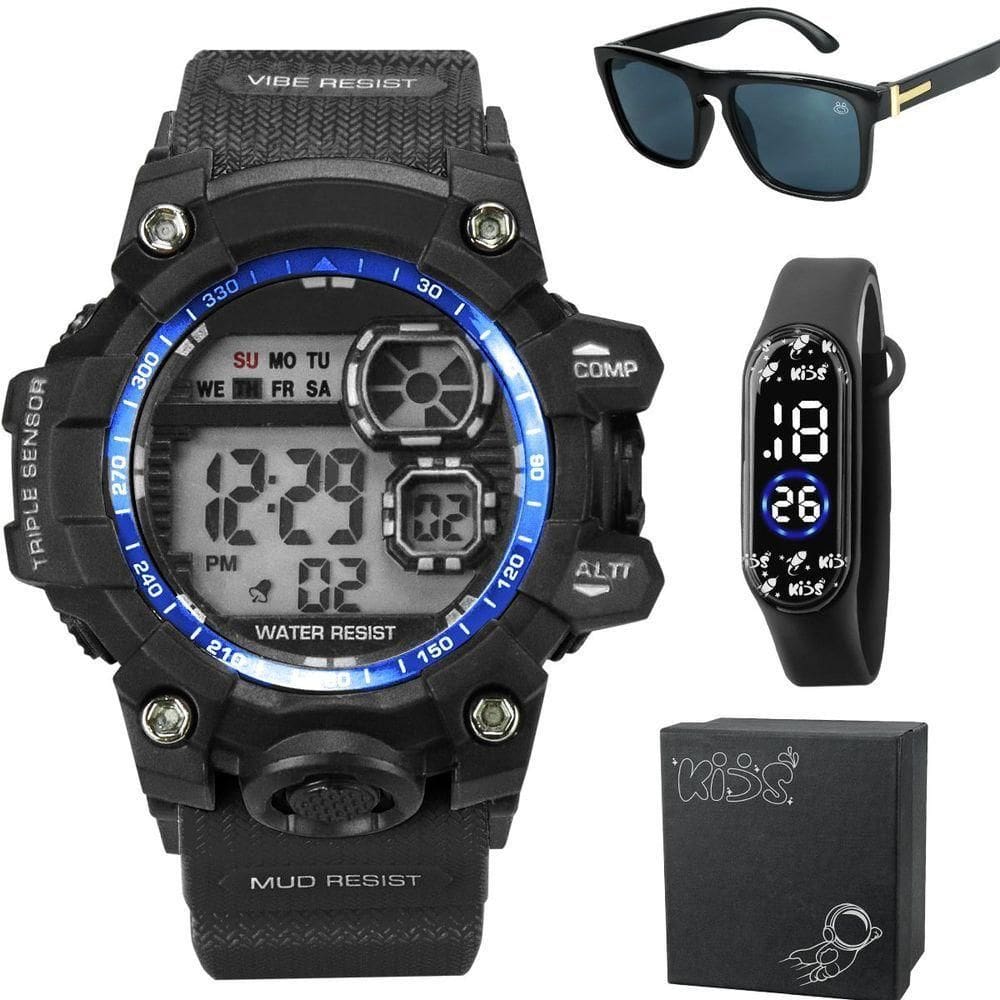 Relógio Infantil Prova Dagua + Caixa + Oculos Protecao Uv Qualidade Premium Resistente Menino Alarme