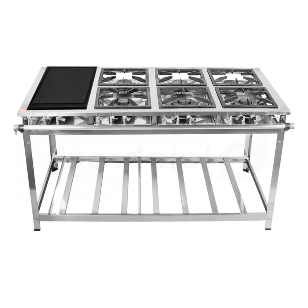 Fogão Industrial 6 Bocas com Chapa P8 em Aço Inox Leona