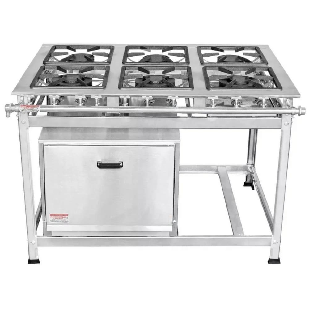 Fogão Industrial 6 Bocas 30x30 em Aço Inox com Forno Leona