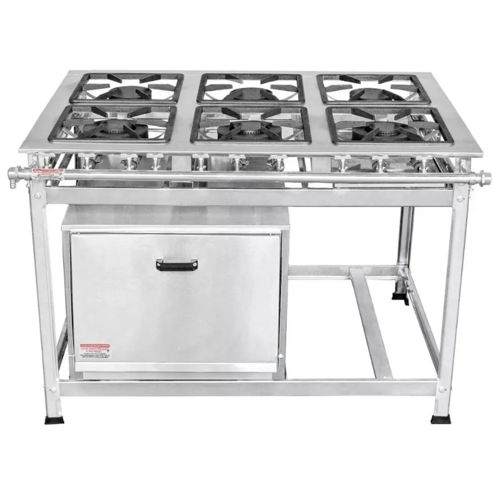 Fogão Industrial 6 Bocas 40x40 em Aço Inox com Forno Leona
