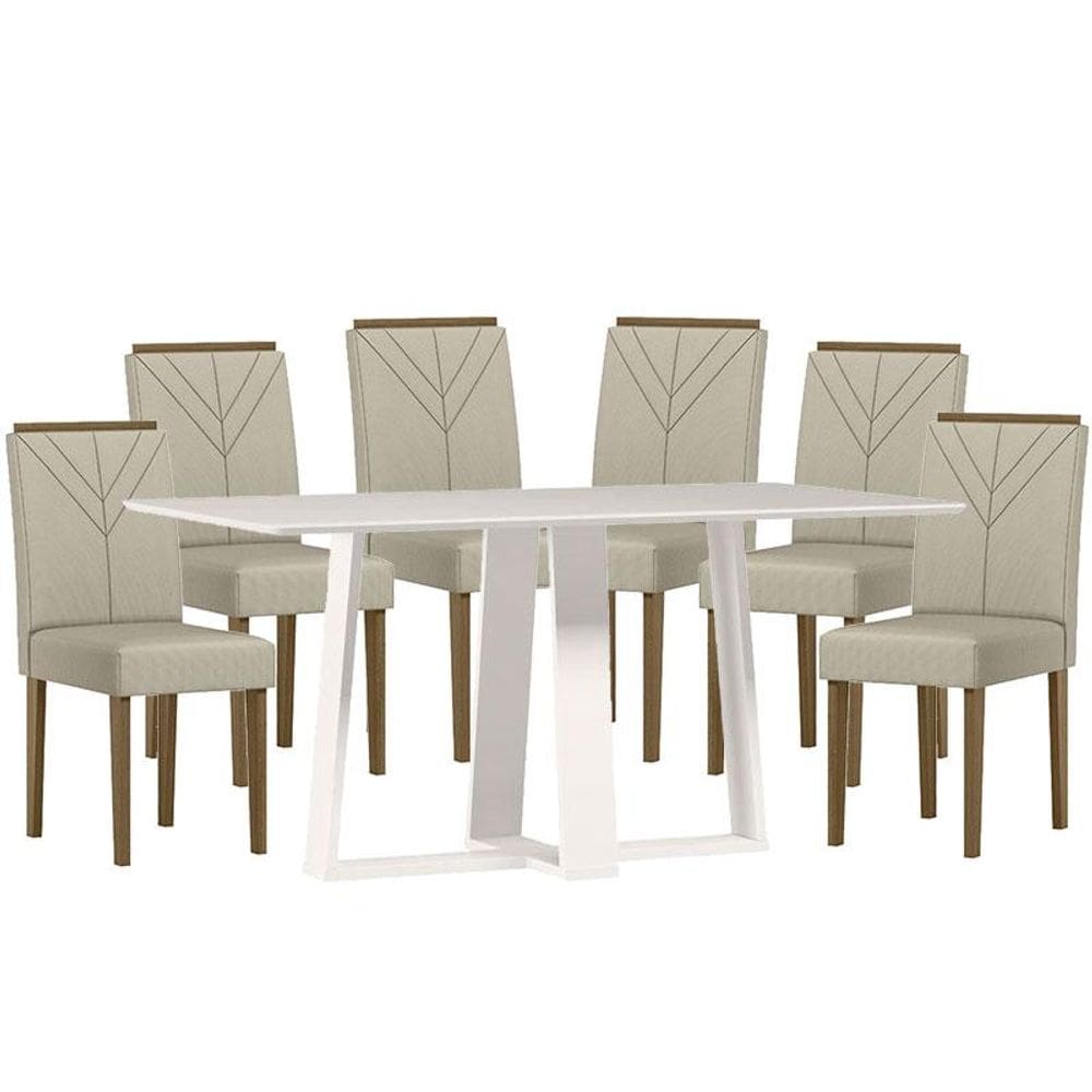 Mesa de jantar 160 cm Rubi com Vidro Off White e 6 Cadeiras Amanda Imbuia Veludo Nude - New Ceval