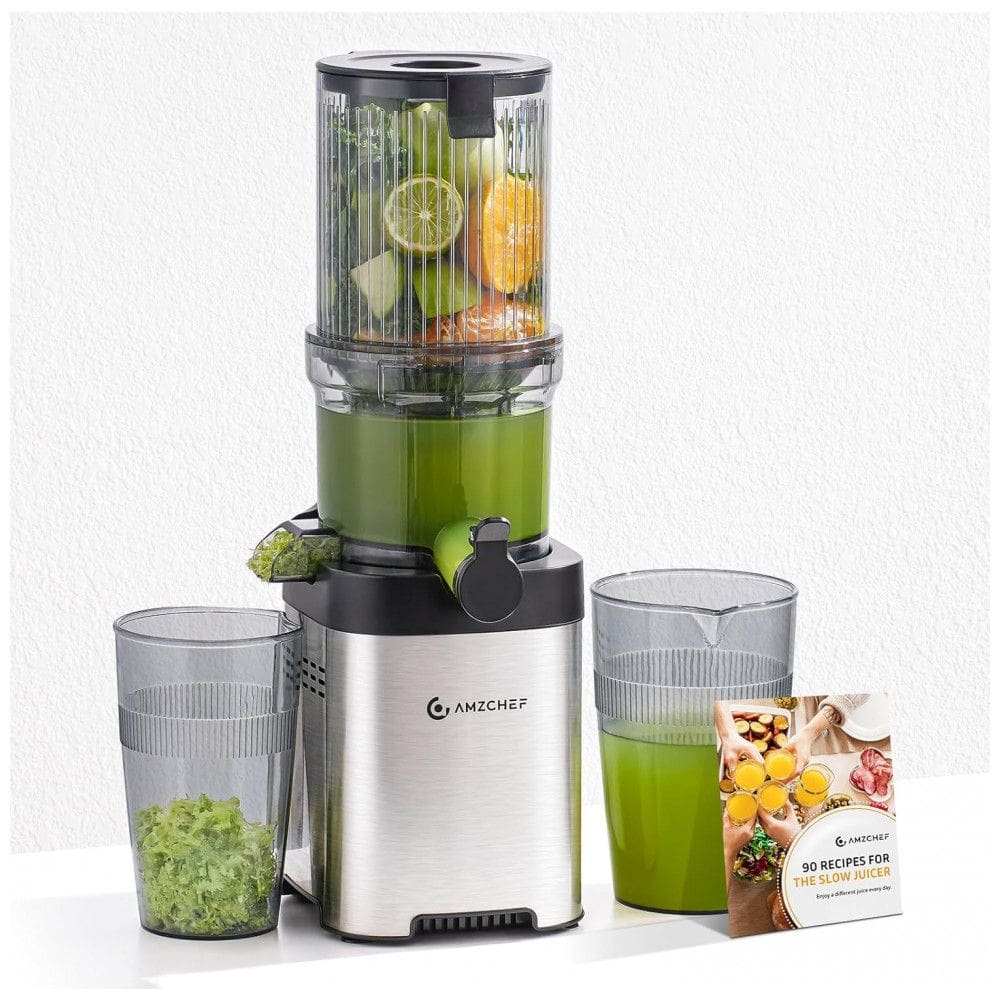 Extrator de Sucos AMZCHEF Cold Press, Máquina de Suco com Bocal Largo de 11,68cm para Frutas e Vegetais Inteiros, Aço Inoxidável,