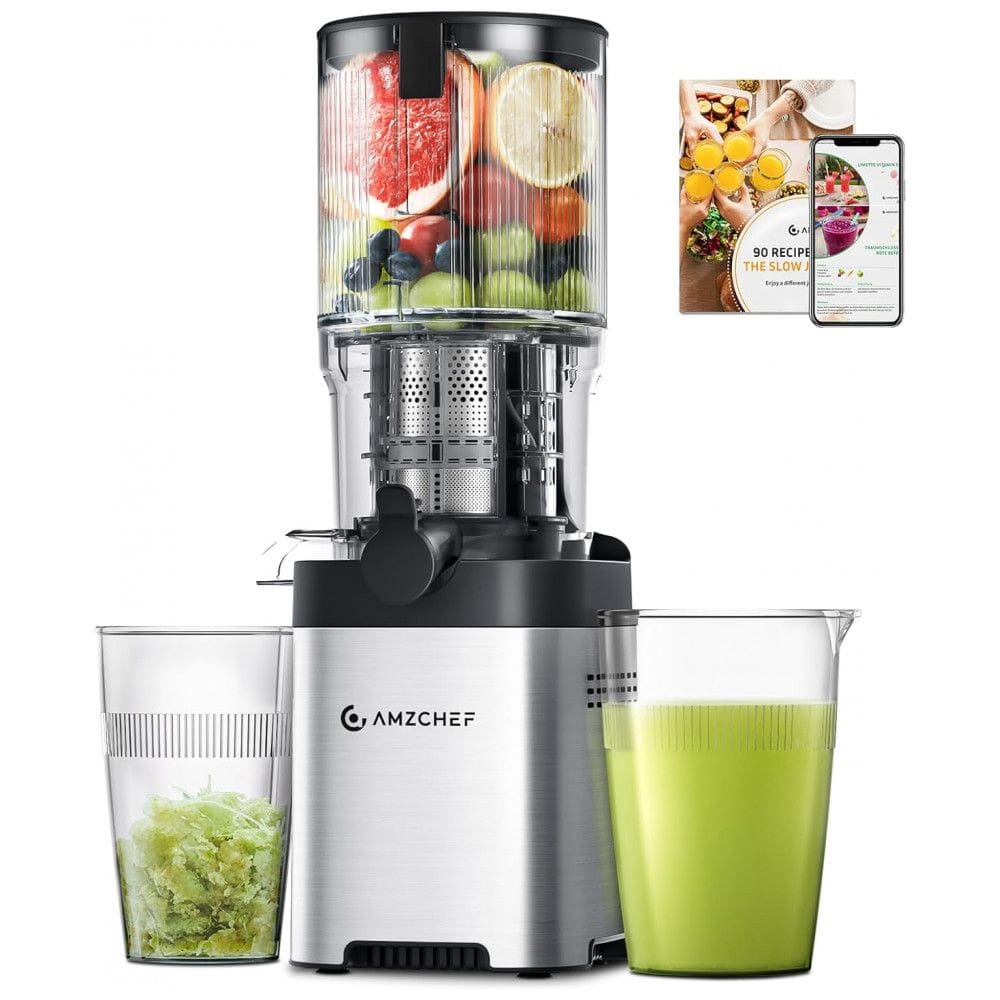 Extrator de Sucos AMZCHEF Cold Press, Máquina de Sucos com Boca de Alimentação Larga de 13,71 cm, Ideal para Frutas e Vegetais Inteiros,