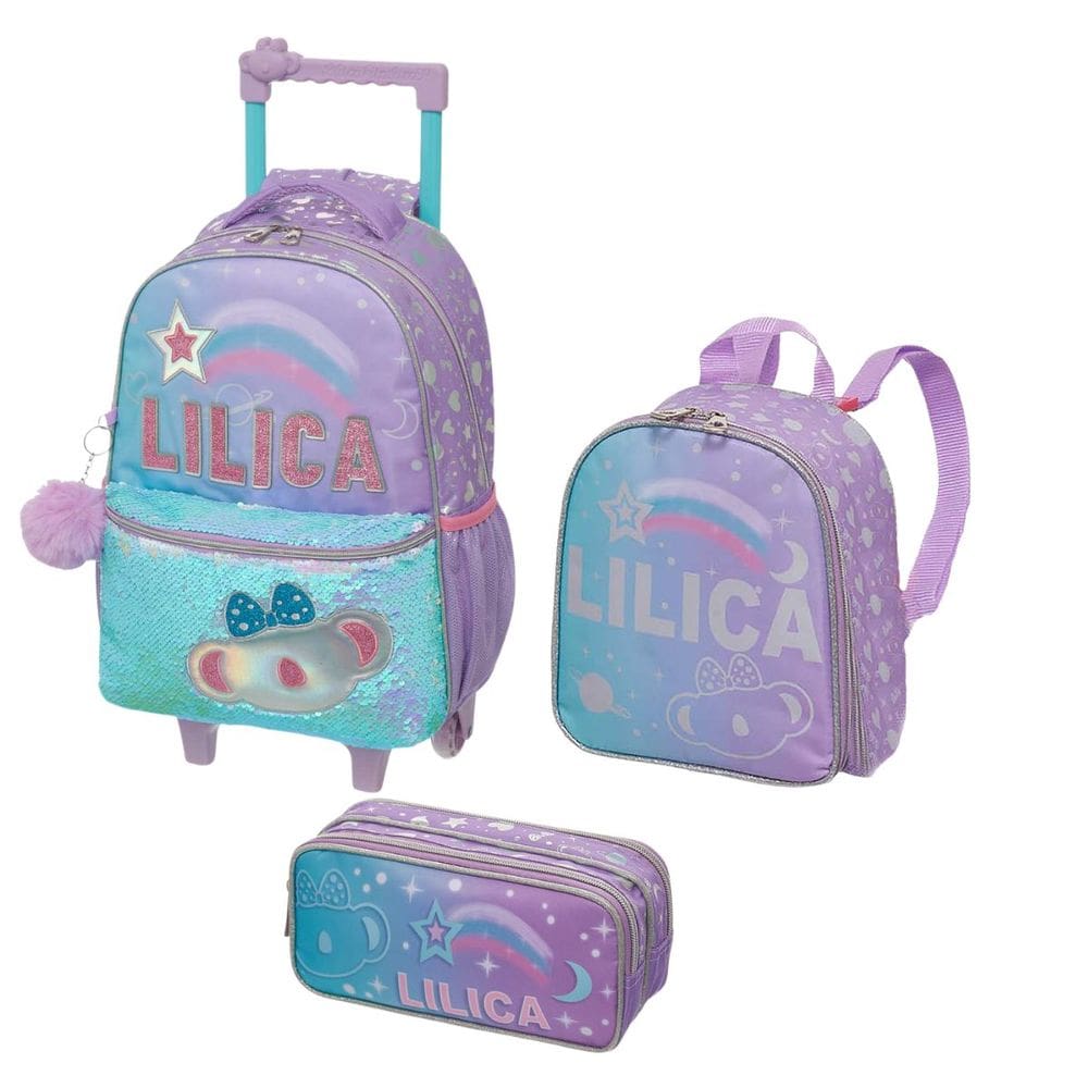 KIT ESCOLAR Mochila Carrinho Lancheira Estojo LILICA RIPILICA LILÁS