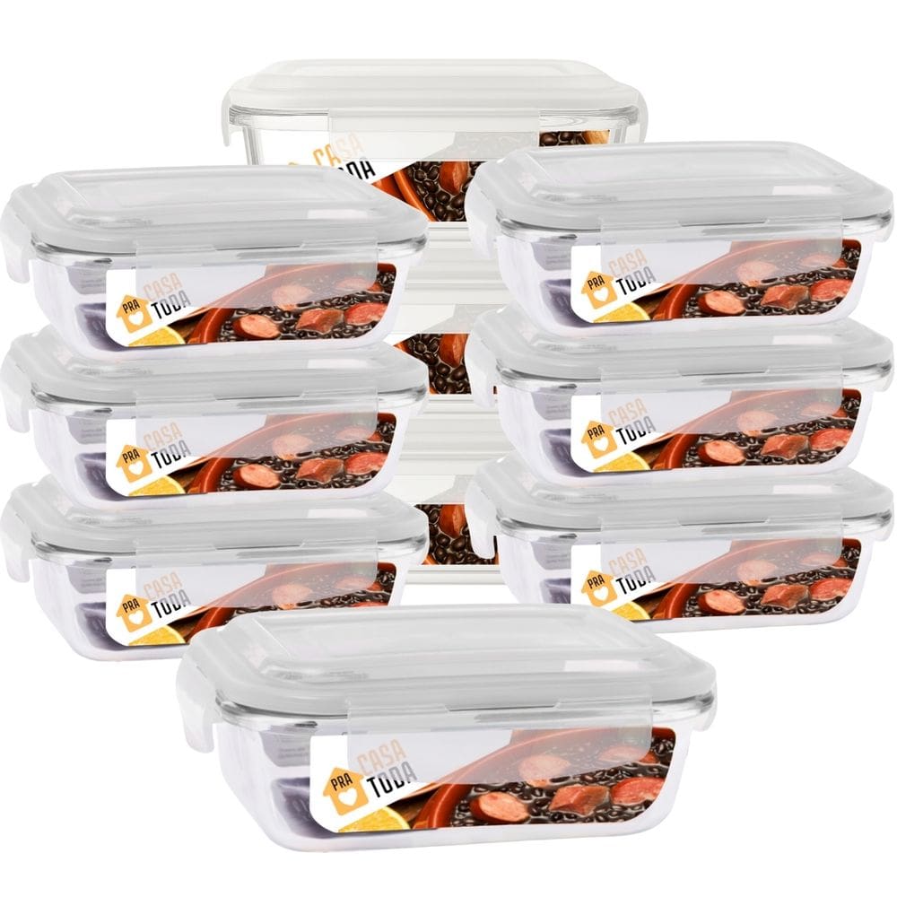 Conjunto 10 Potes Tampa Hermetica 4 Travas Retangular Vidro 370ml