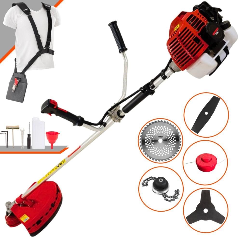 Roçadeira Lateral Kawashima KW43L À Gasolina 43cc 1,7HP Alta Rotação Para Todos os Tipos de Trabalho Com Carretel Nylon + Kit de 4 Lâminas de Cortes