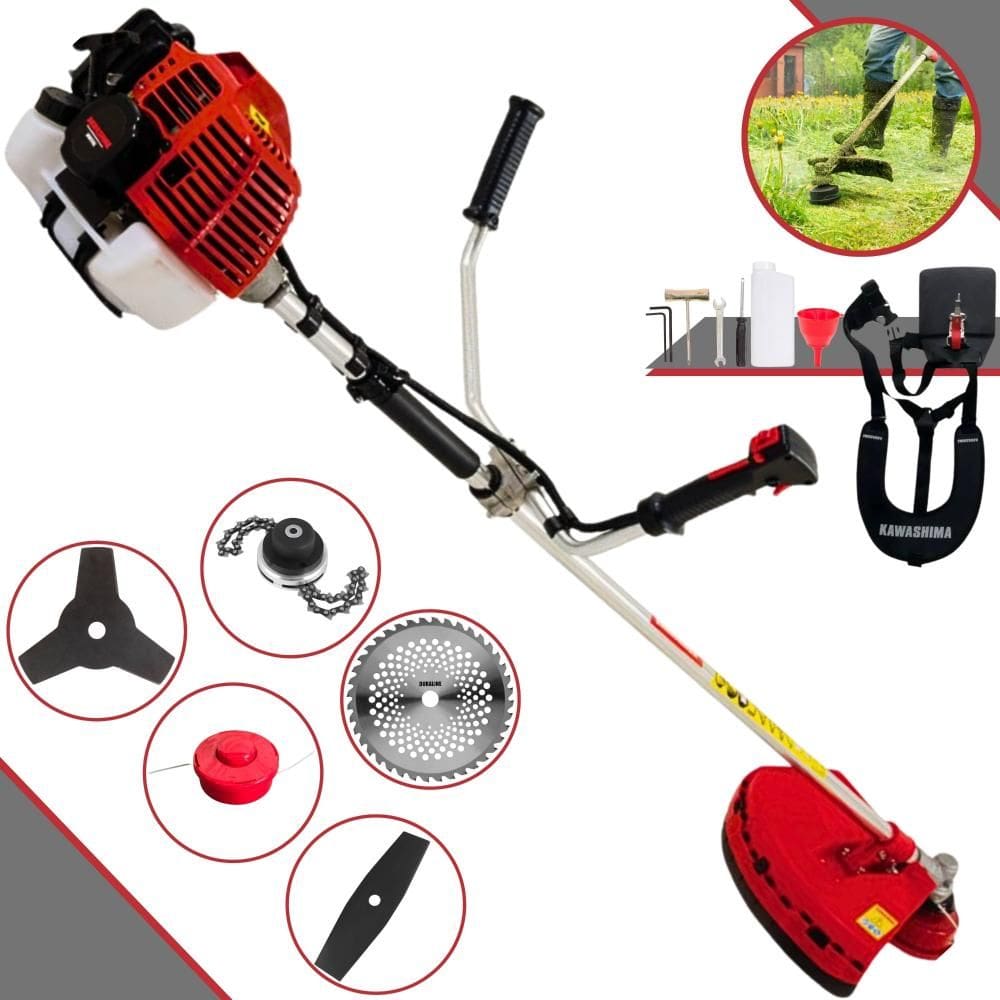 Podador de Cortar Grama Kawashima KW43-L À Gasolina 2T 1,7HP 43cc Com Lâmina Facão + Lâmina 3 Pontas + Disco 40 Dentes + Trimmer + Carretel de Nylon