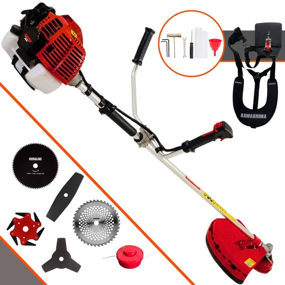 Roçadeira Kawashima KW43L À Gasolina 2T 1,7HP 43cc Com Faca 2 Pontas + Faca 3 Pontas + Faca 6 Pontas + Disco 40 Dentes + Disco 80 Dentes + Carretel