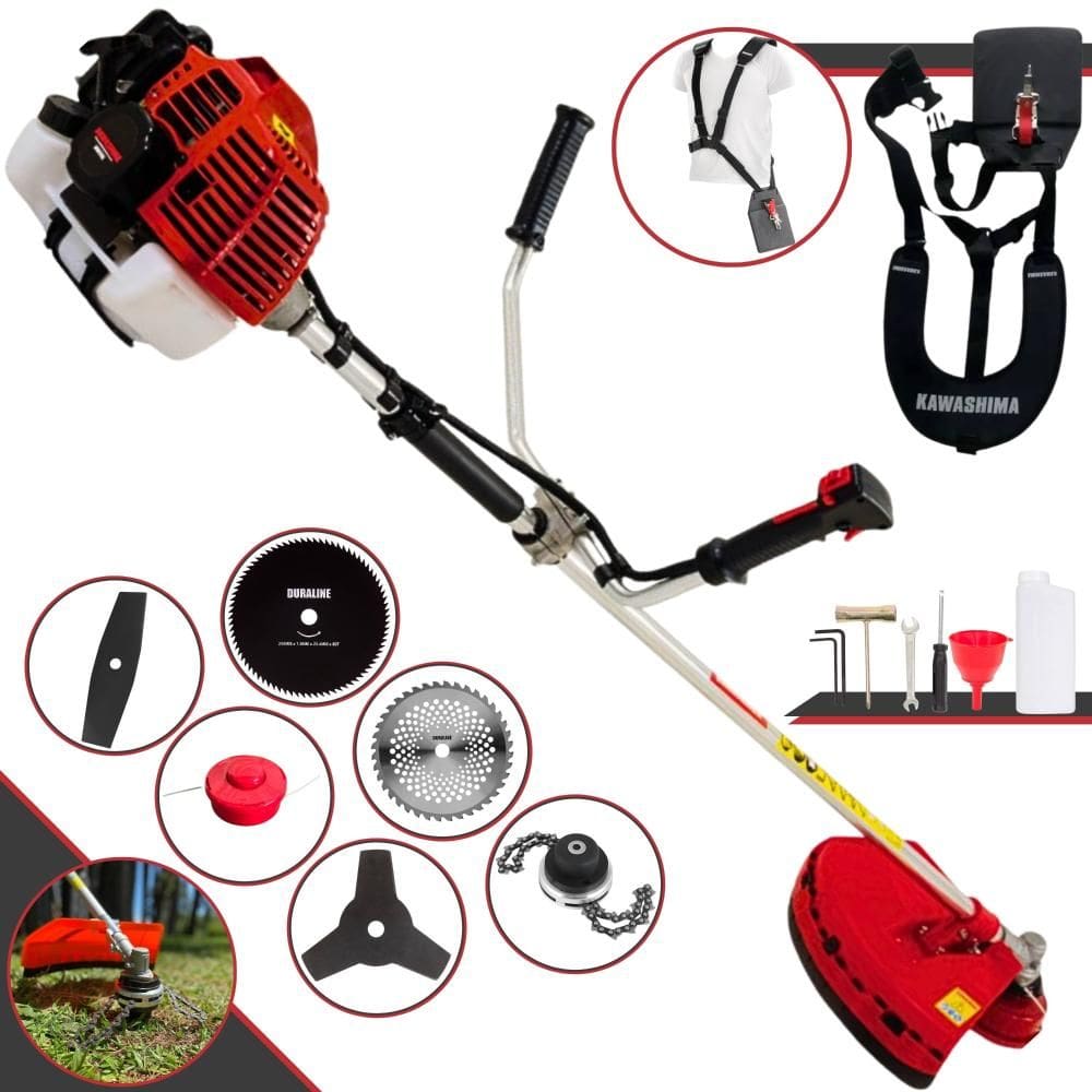 Roçadeira À Gasolina Kawashima KW43L 43cc 1,7HP Com Carretel + Faca 2 Pontas + Faca 3 Pontas + Faca 40 Dentes de Vídea + Faca 80 Dentes + Trimmer