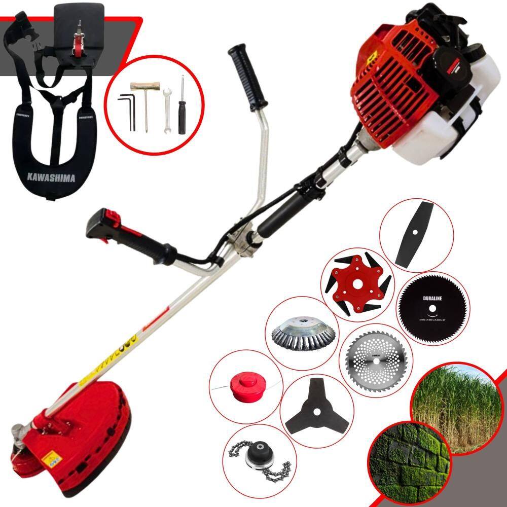 Podador de Grama Kawashima KW43L 43cc 2T 1,7HP Com Carretel + Facas 2 Pontas, 3 Pontas, 6 Pontas, 40 Dentes, 80 Dentes, Trimmer e Escova de Aço