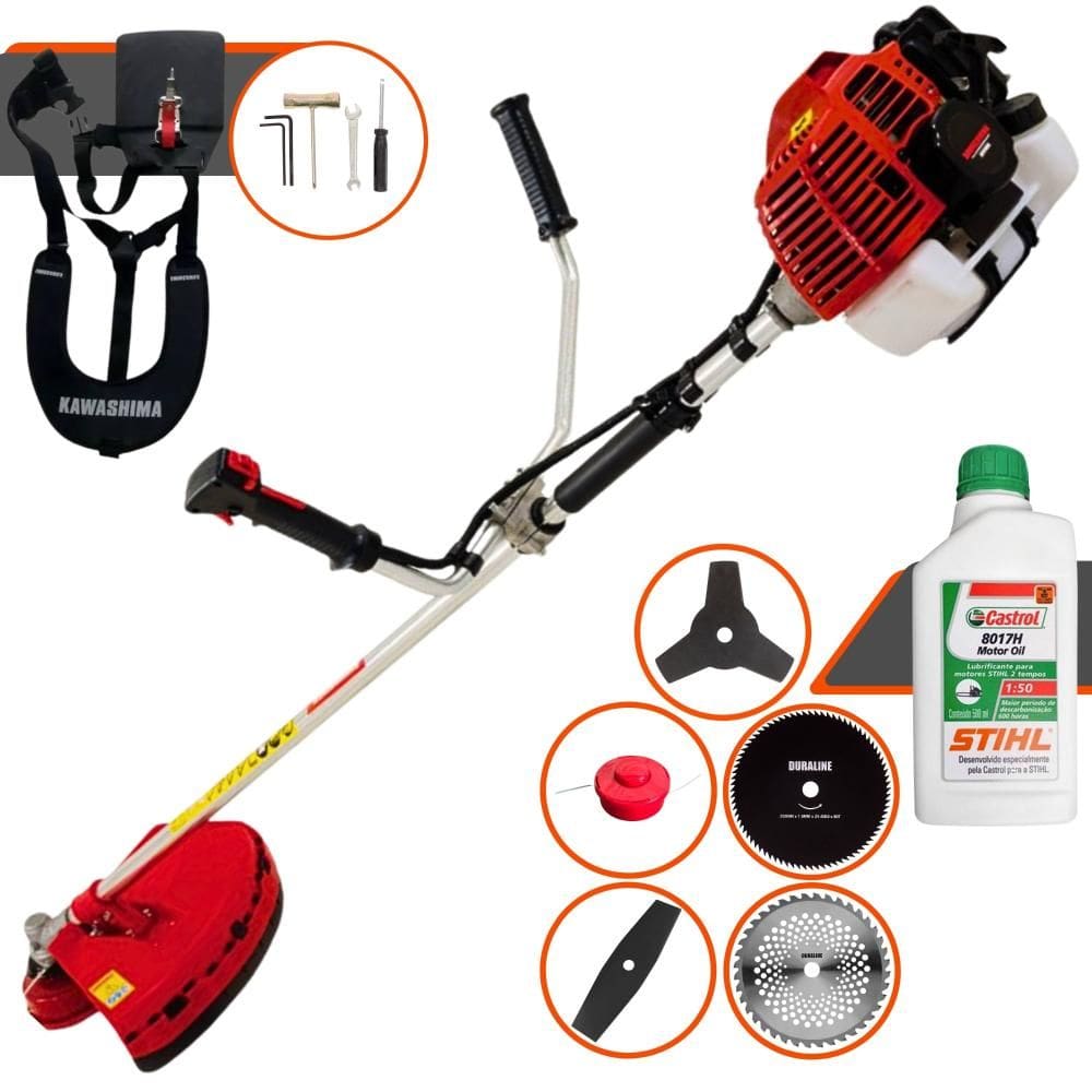 Roçadeira Completa Kawashima KW43L À Gasolina 43cc 1,7HP 10.000rpm Com Carretel Nylon + Lâminas Facão, 3 Pontas, 40 Dentes, 80 Dentes + ÓLEO STIHL