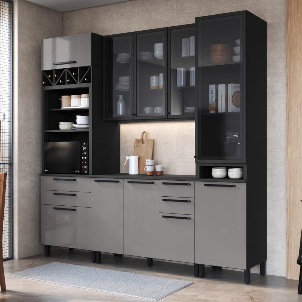 Cozinha Modulada Compacta Fidelitá Mônaco 4 Peças 240cm 10 Portas 4 Gavetas Com Tampo Chumbo/titânio