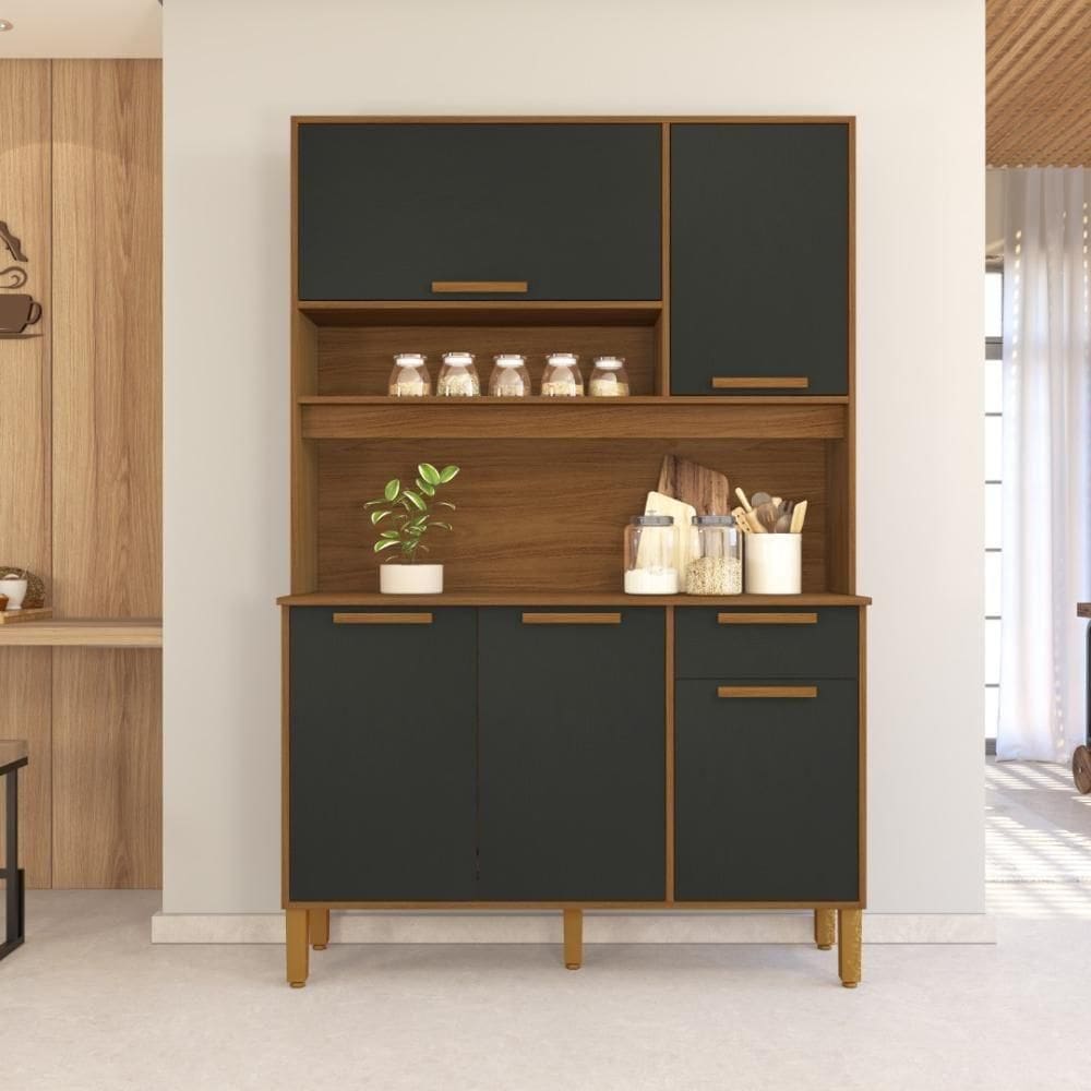 Armário De Cozinha Compacta Fidelitá Grécia 120cm 5 Portas 1 Gaveta Com Tampo E Fundo Freijó/chumbo