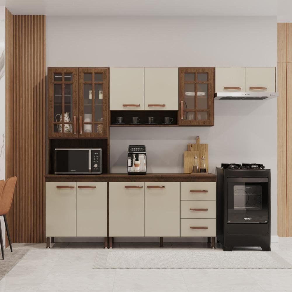 Cozinha Modulada Compacta Fidelitá Lisboa 4 Peças 260cm 11 Portas 3 Gavetas Com Tampo Noce/off-white