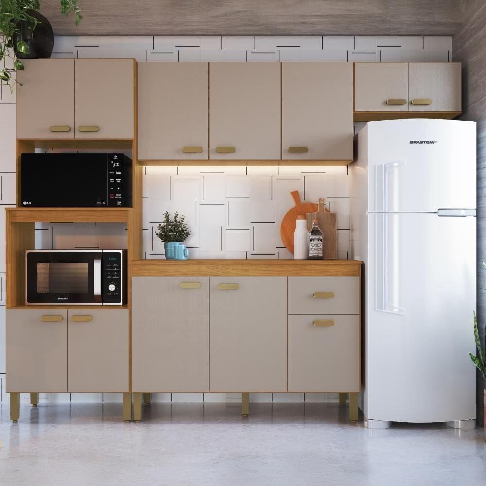 Cozinha Modulada Compacta Fidelitá Mariana 4 Peças 240cm 12 Portas 1 Gaveta Com Tampo Freijó/camurça