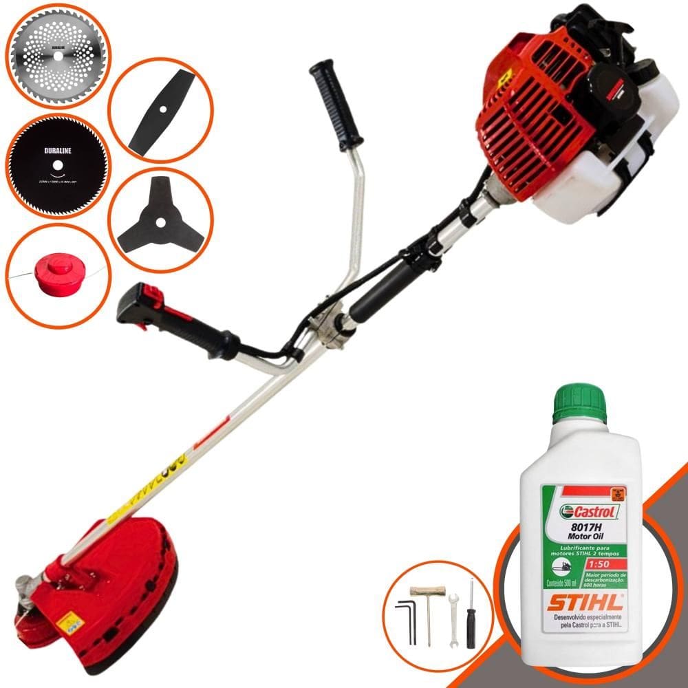 Roçadeira À Gasolina Kawashima KW43-L Multifunções 12000rpm 43cc 1,7HP Completa Com 5 Opções de Cortes, Carretel e Kit 4 Facas + ÓLEO STIHL 8017