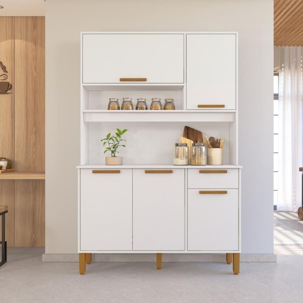Armário De Cozinha Compacta Fidelitá Grécia 120cm 5 Portas 1 Gaveta Com Tampo E Fundo Branco