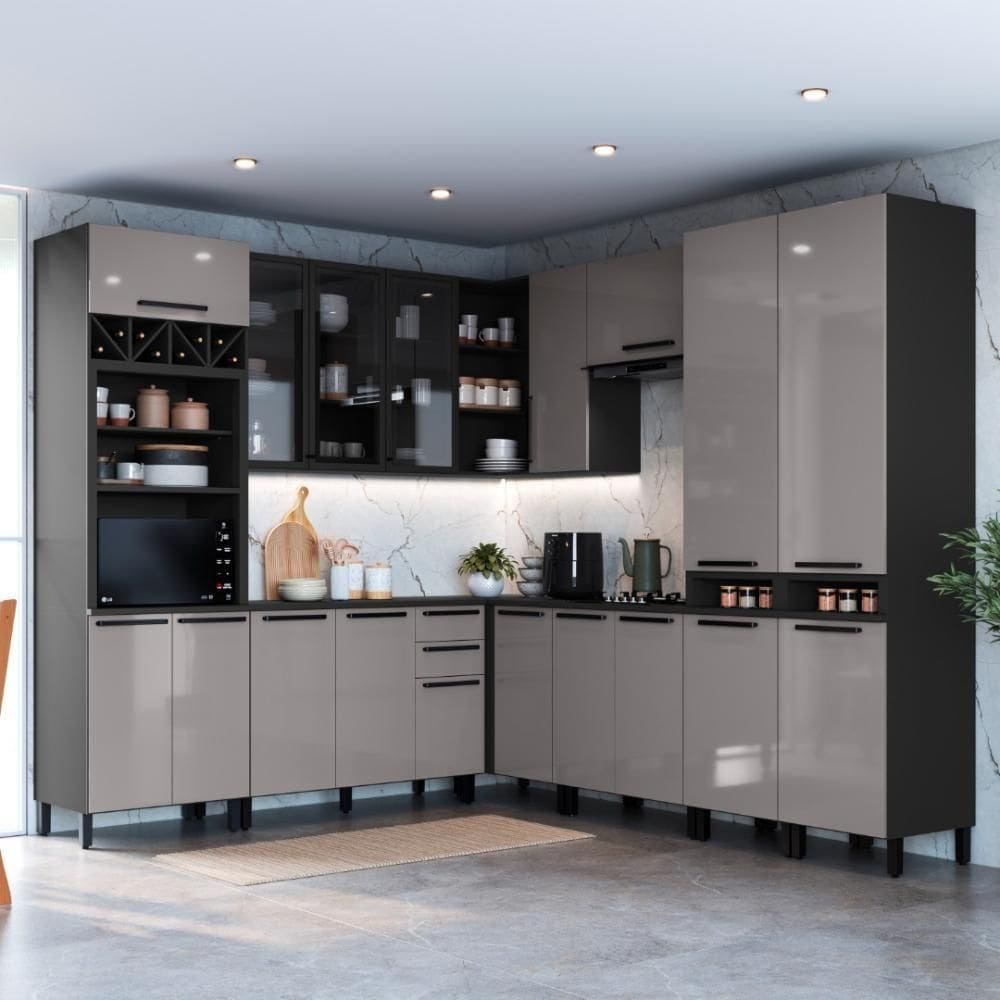 Cozinha Modulada Completa Fidelitá Mônaco 8 Peças 519cm 18 Portas 2 Gavetas Com Tampo Chumbo/titânio