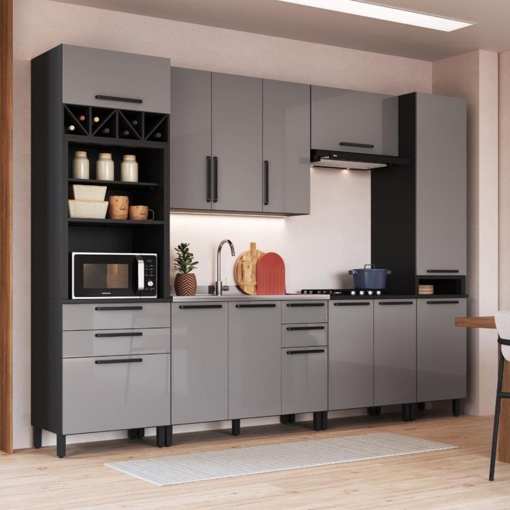 Cozinha Modulada Completa Fidelitá Mônaco 6 Peças 320cm 13 Portas 4 Gavetas Sem Tampo Chumbo/titânio