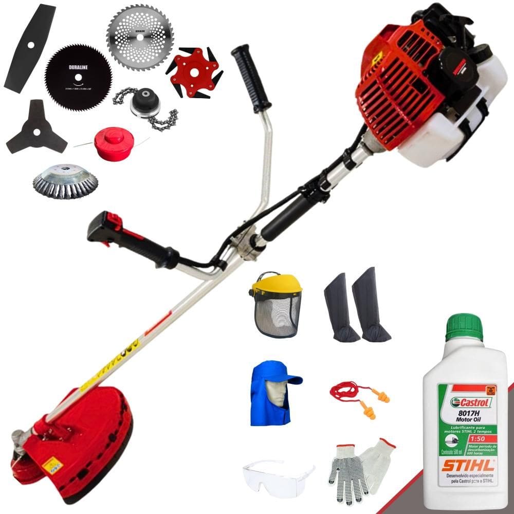 Roçadeira KW43-L Kawashima 43cc Com Carretel + Facas 2 Pontas, 3 Pontas, 6 Pontas, 40 Dentes, 80 Dentes, Trimmer e Escova de Aço + EPI + ÓLEO STIHL