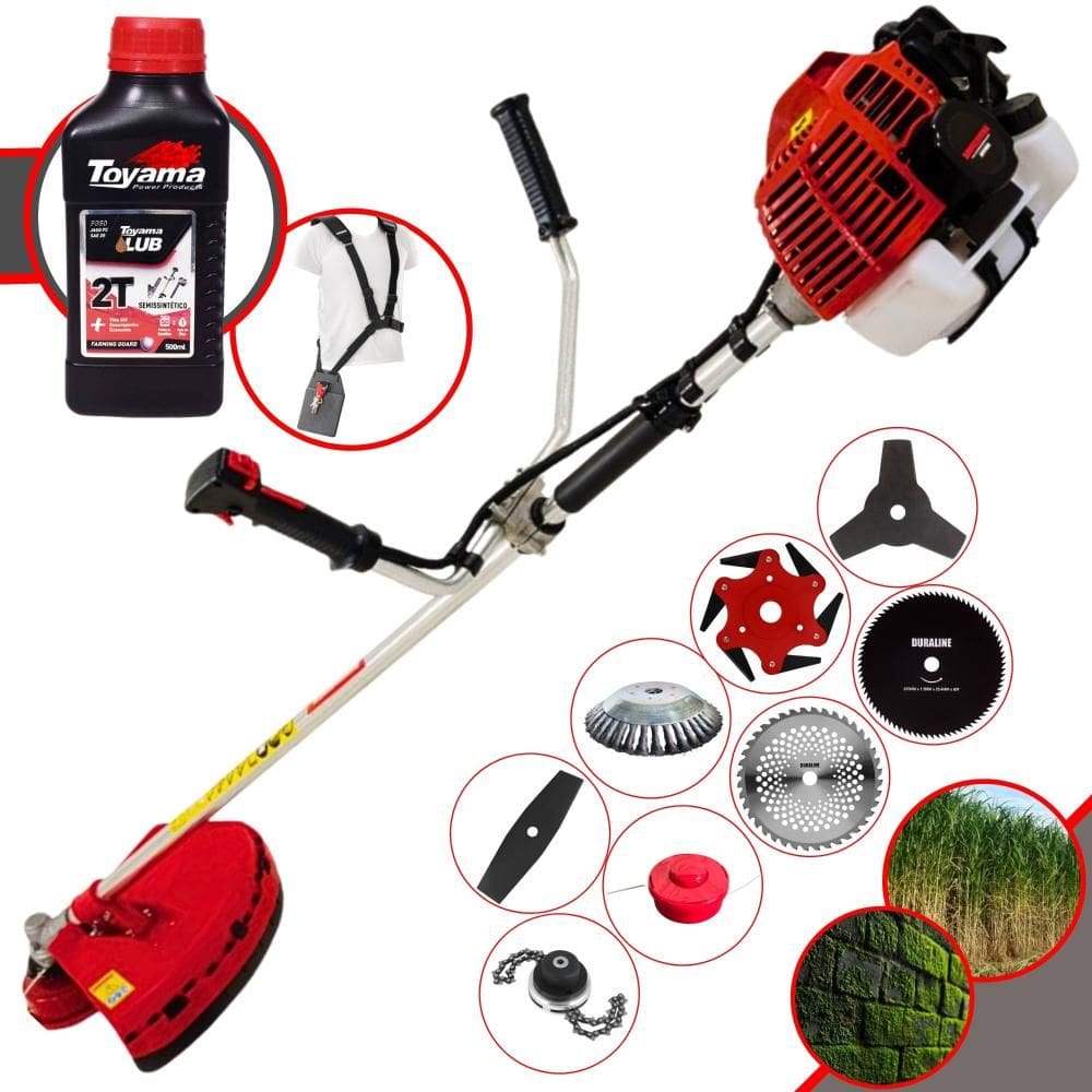 Roçadeira Profissional Kawashima KW43-L À Gasolina 43cc Para Todos os Tipos de Trabalho Com Carretel Nylon + Kit 7 Lâminas de Cortes + ÓLEO TOYAMA