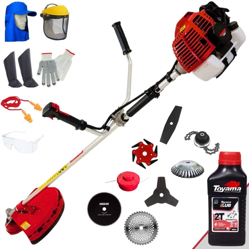 Cortador de Grama Kawashima KW43-L 43cc 1,7HP 10.000rpm Roçadeira Lateral Completa Com Carretel de Nylon + 7 Opções de Corte + EPI + ÓLEO TOYAMA 2T