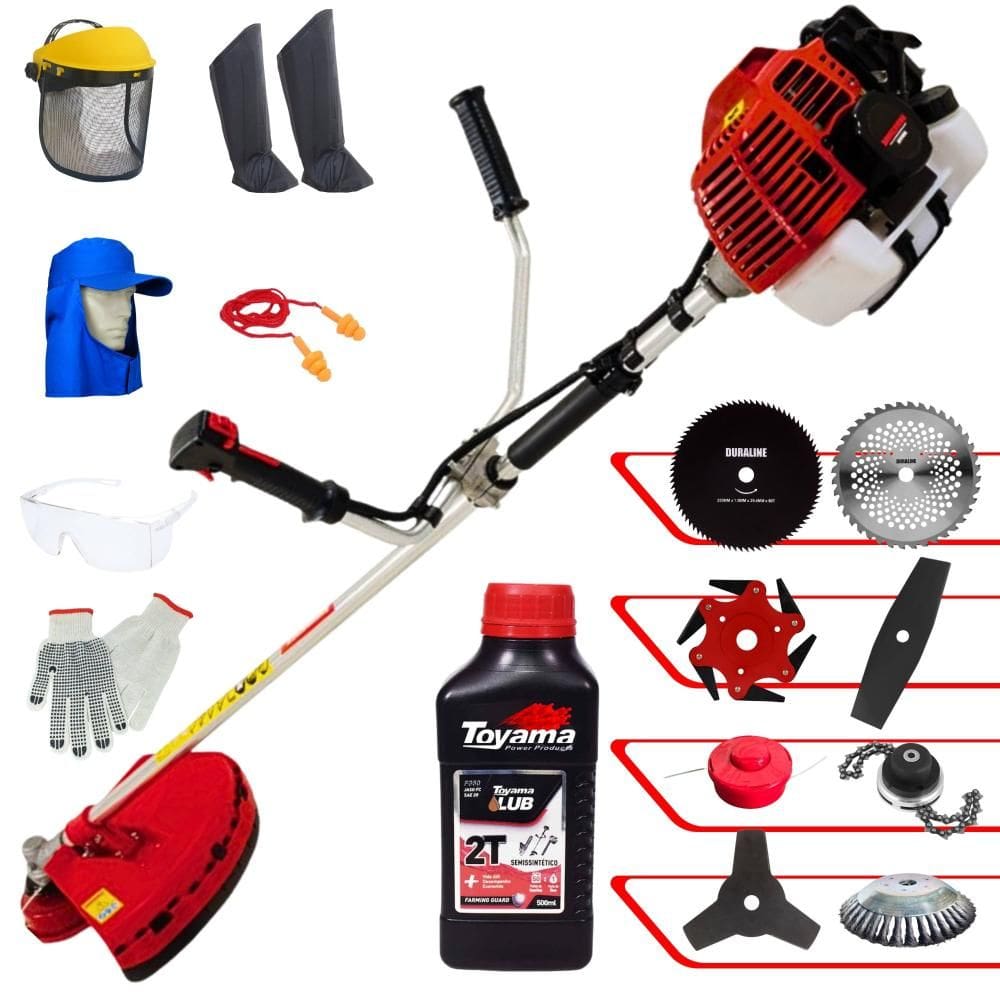 Roçadeira Kawashima KW43L 43cc 1,7HP + Facas 2 Pontas, 3 Pontas, 6 Pontas, 40 Dentes Vídea, 80 Dentes, Trimmer e Escova de Aço + EPI + ÓLEO TOYAMA
