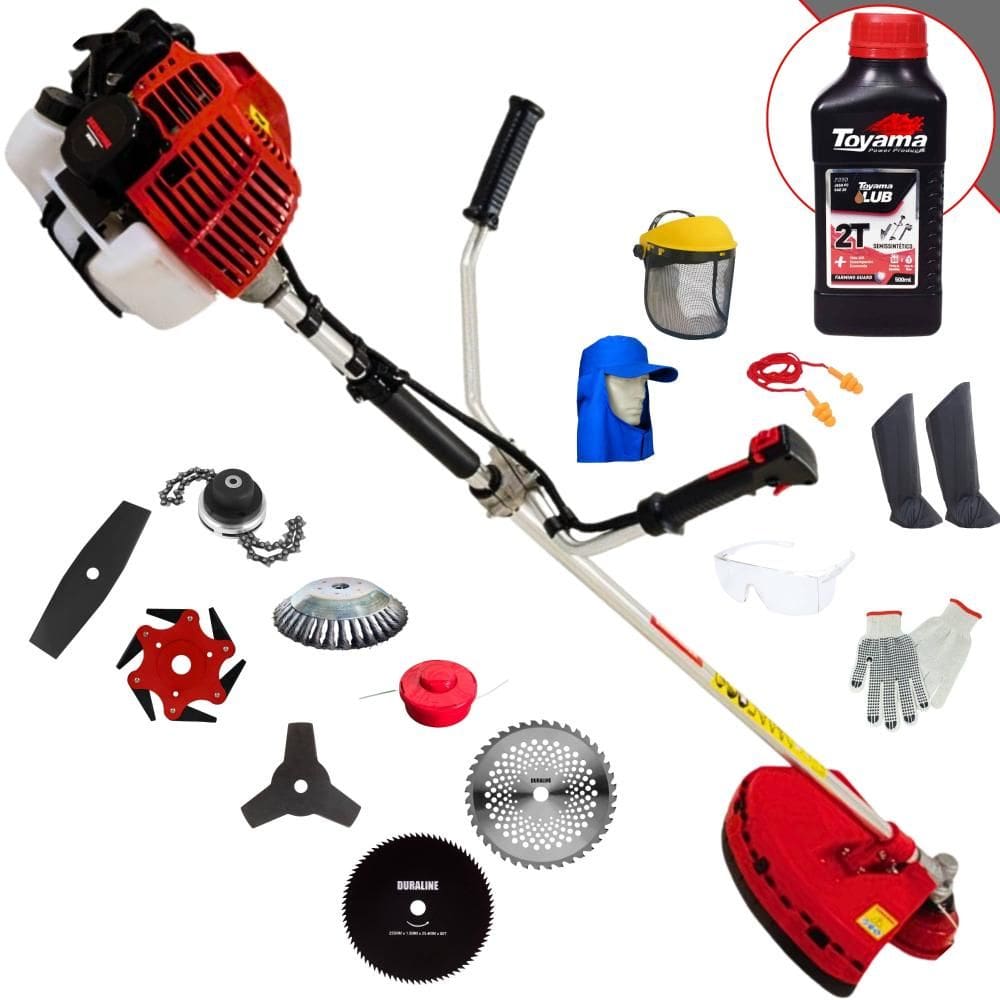 Roçadeira Kawashima KW43-L 1,7HP 43cc + Facas 2 Pontas, 3 Pontas, 6 Pontas, 40 Dentes, 80 Dentes, Trimmer, Carretel e Escova + EPI + ÓLEO TOYAMA 2T