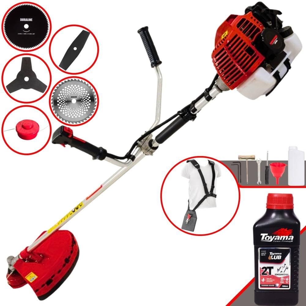 Roçadeira Multifuncional Kawashima KW43L À Gasolina 43cc 1,7HP 10.000rpm Com Carretel de Nylon + Kit 4 Lâminas de Corte + ÓLEO TOYAMA FG50 2 Tempos
