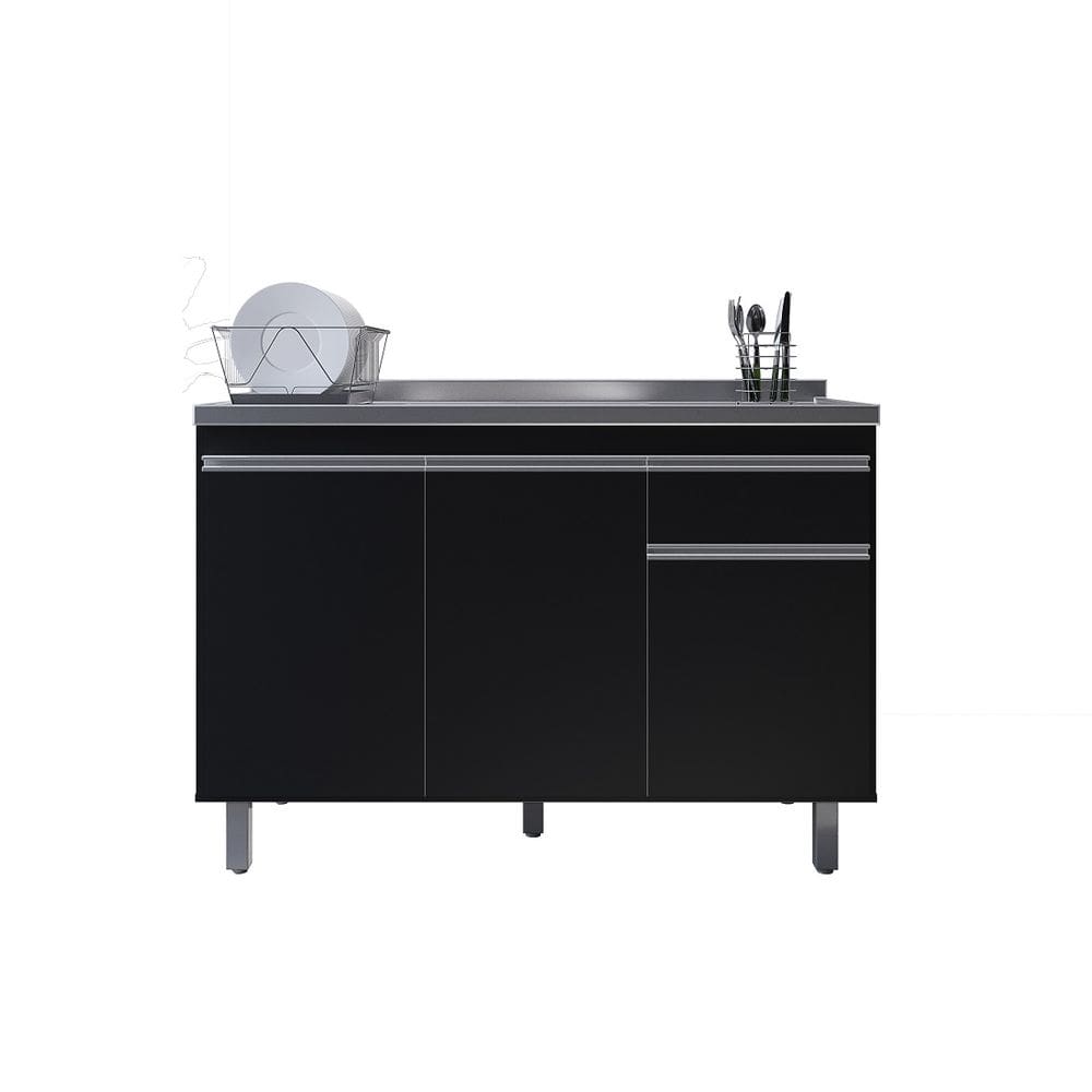 Balcão P/ Pia de Inox 120cm Preto 3 Portas 1 Gaveta S/ Tampo