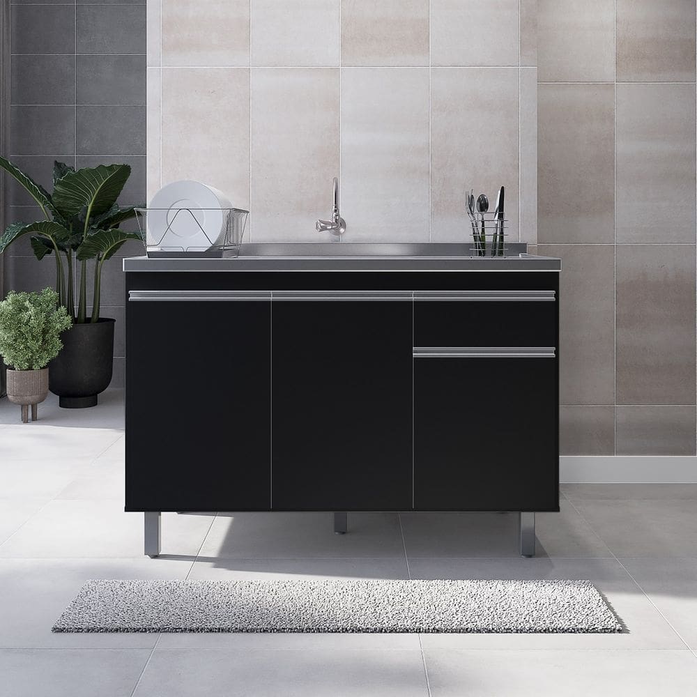 Gabinete de Cozinha 120cm Preto 3 Portas 1 Gaveta S/ Tampo